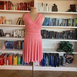 Max Studio Sleeveless Fit and Flare Coral Striped Wrap Dress, Size Medium